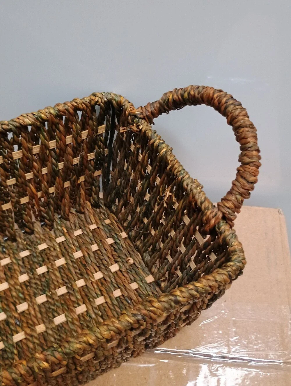 VINTAGE Coastal Woven Rectangular Storage Basket wth Handles Brown Checkerboard